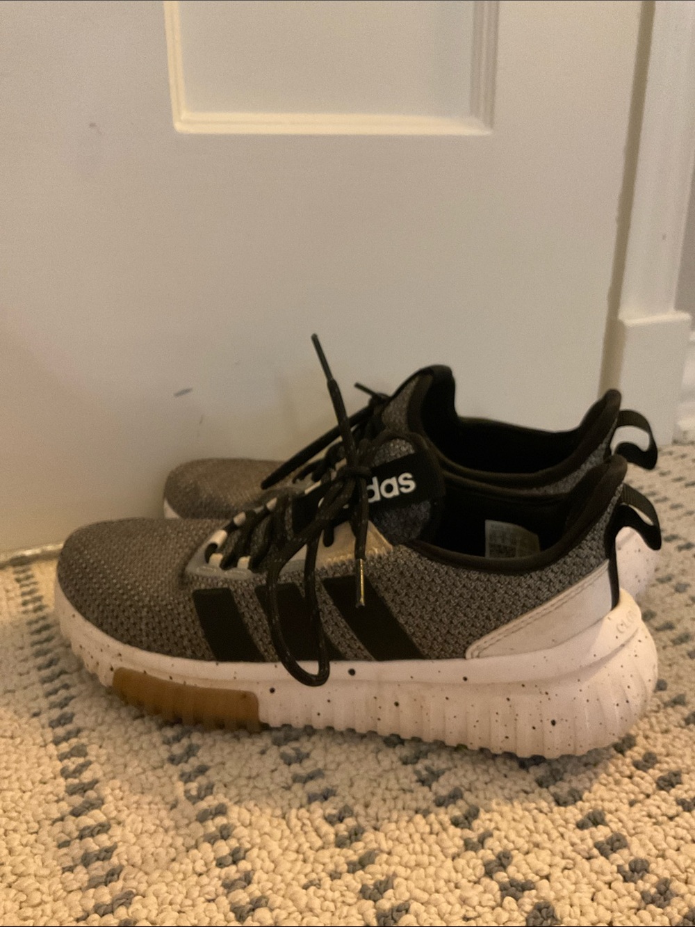 adidas boys  Gray and Black Knit Sneakers with Speckled White Sole